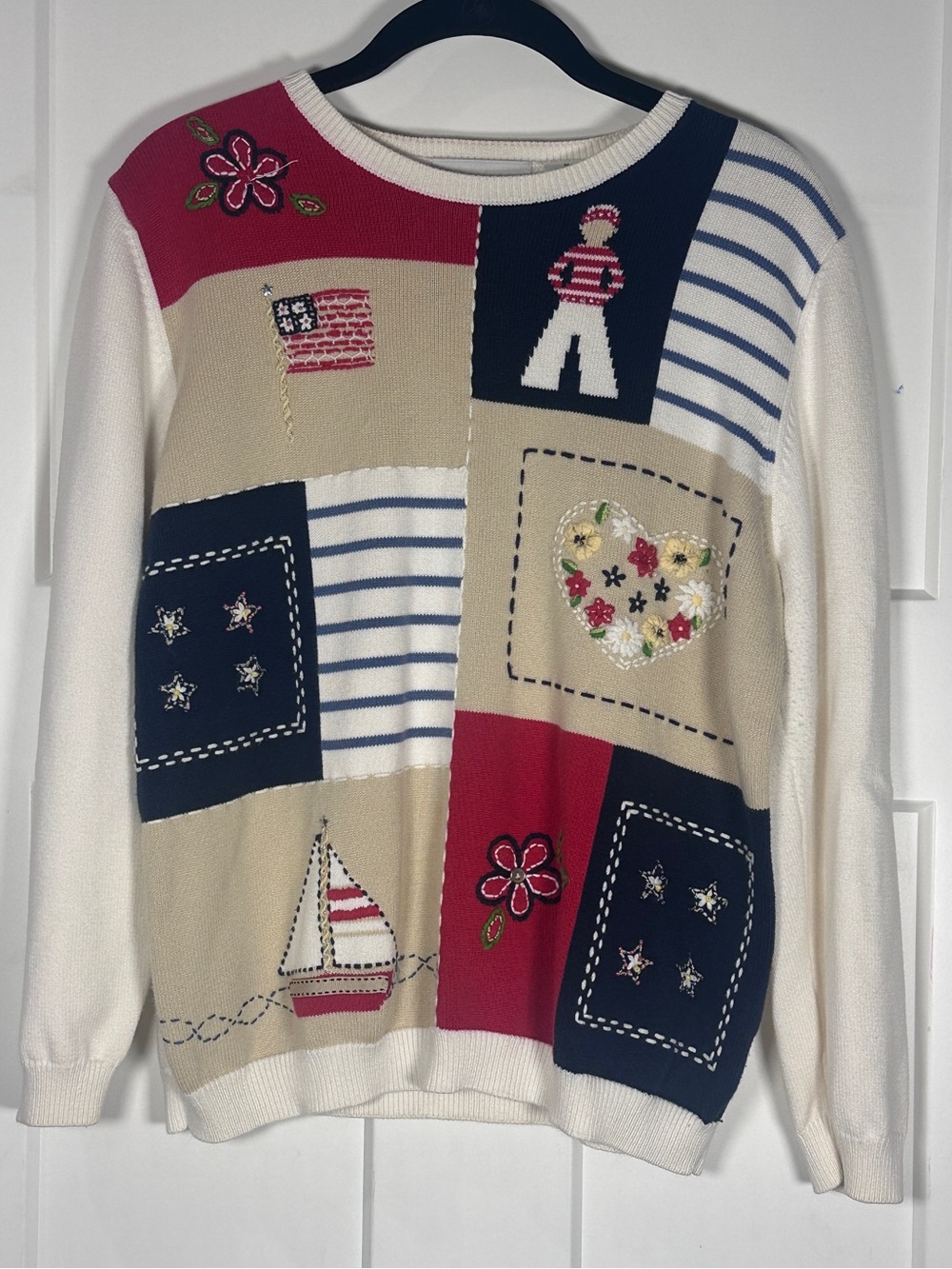 Alfred Dunner Patchwork Nautical Embroidered Crewneck Sweater White, Red, Navy